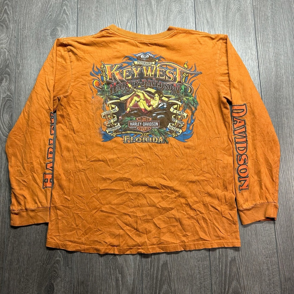 Harley Davidson Key West Florida Long Sleeve Shirt Orange Pin Up Girl Mens M Y2K